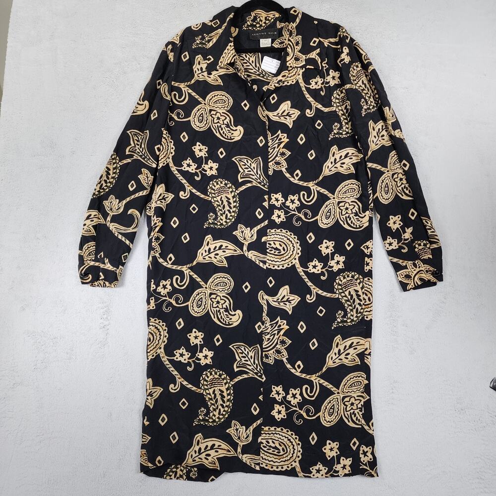 August Silk 100% Silk Shirt Dress Black Gold Paisley Size 10 Long Sleeve Casual